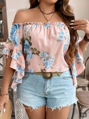 Peach and Blue Floral Ruffle Blouse